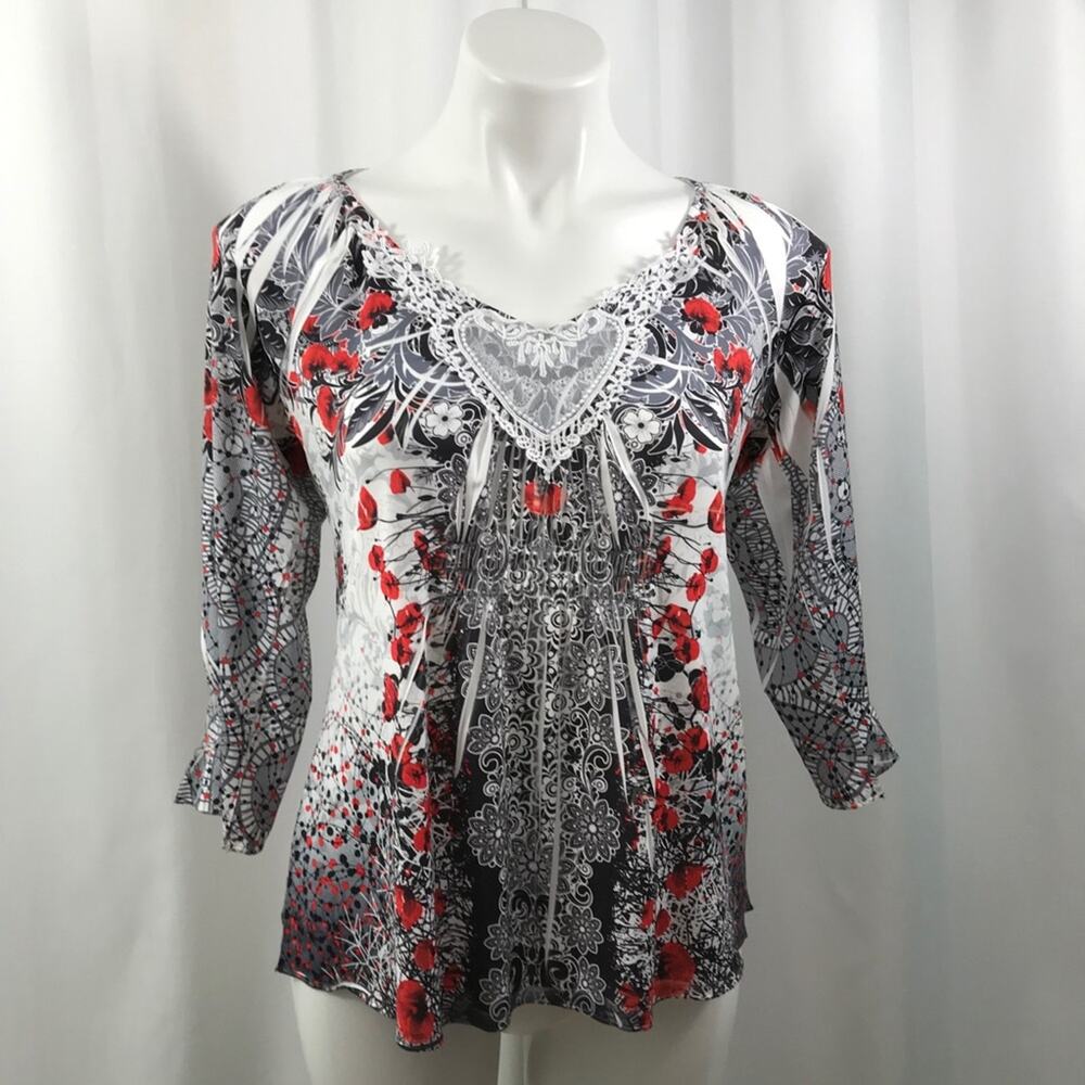 50% OFF Live and Let Live Blouse Tunic Top Print 3/4 Sleeve Red Black Lace V Nec